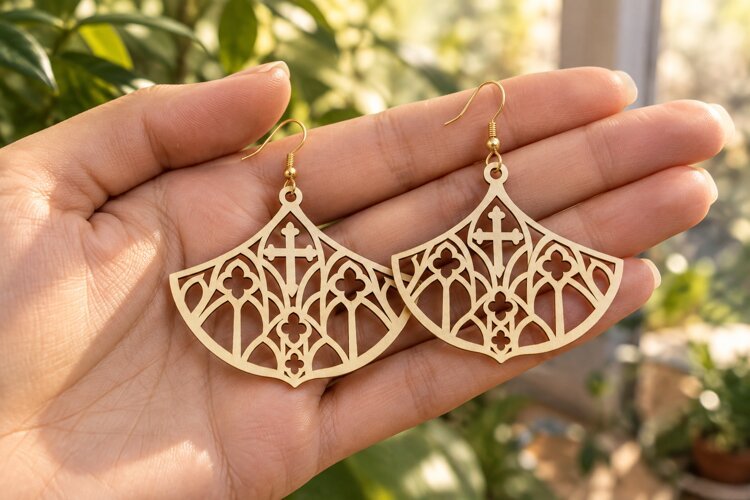 Fan Shape Gothic Cross Earrings Laser Cut SVG PNG Design example image 1