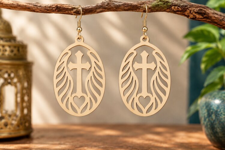 Oval Cross Wave Earrings Laser Cut SVG PNG Design, Christian example image 1