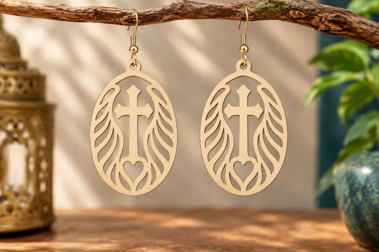 Oval Cross Wave Earrings Laser Cut SVG PNG Design, Christian