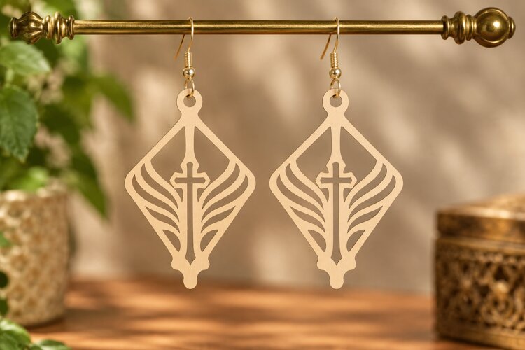 Diamond Cross Wave Earrings Laser Cut SVG PNG Design, Christ example image 1