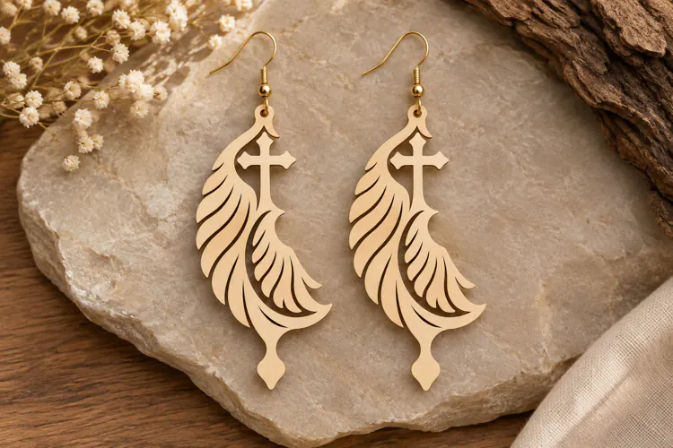 Crescent Cross Wing Earrings Laser Cut SVG PNG Design