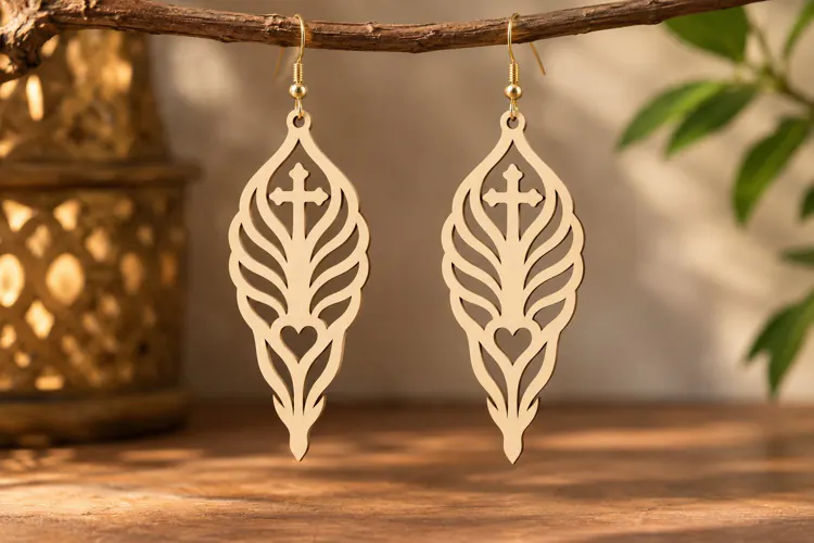 Leaf Cross Earrings Laser Cut SVG PNG Design, Christian