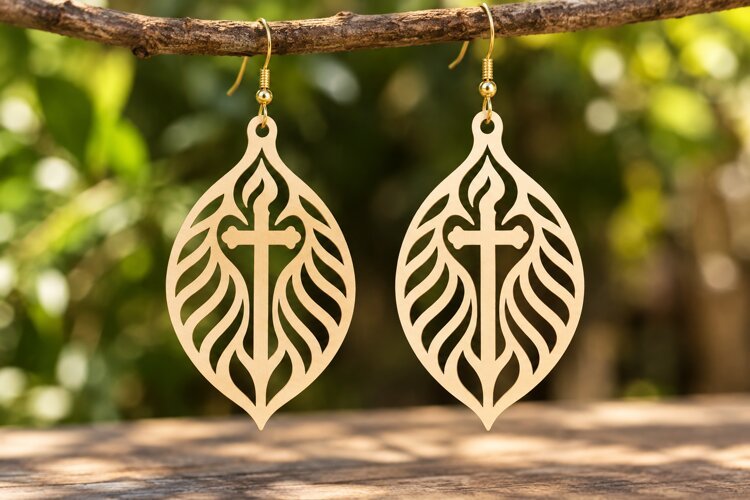 Teardrop Leaf Cross Earrings Laser Cut SVG PNG Design, Chris example image 1