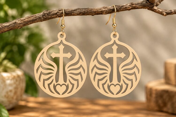 Round Cross Wing Earrings Laser Cut SVG PNG Design, Christia example image 1