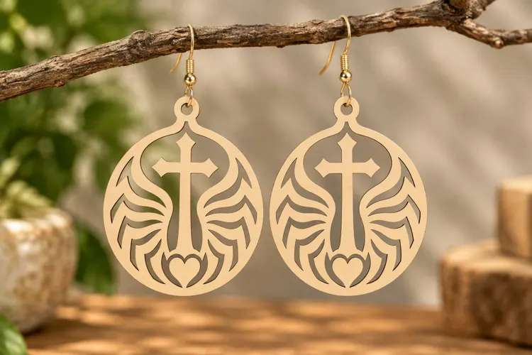 Round Cross Wing Earrings Laser Cut SVG PNG Design, Christia