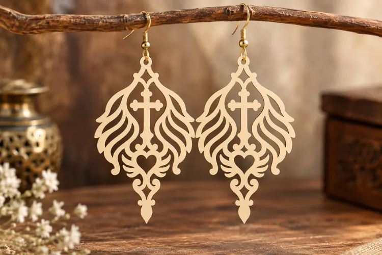 Ornate Flame Cross Earrings Laser Cut SVG PNG Design, Christ