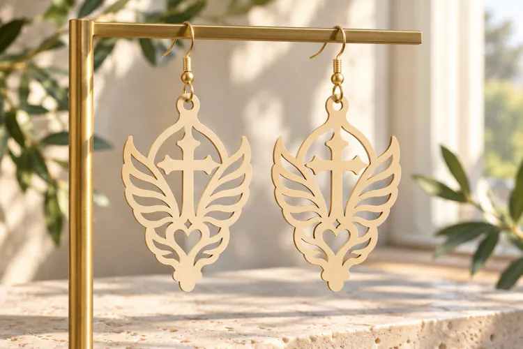 Angel Wing Cross Dangle Earrings Laser Cut SVG PNG Design