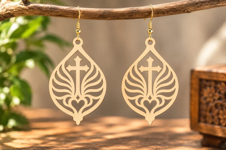 Teardrop Cross Wing Earrings Laser Cut SVG PNG Design example image 1