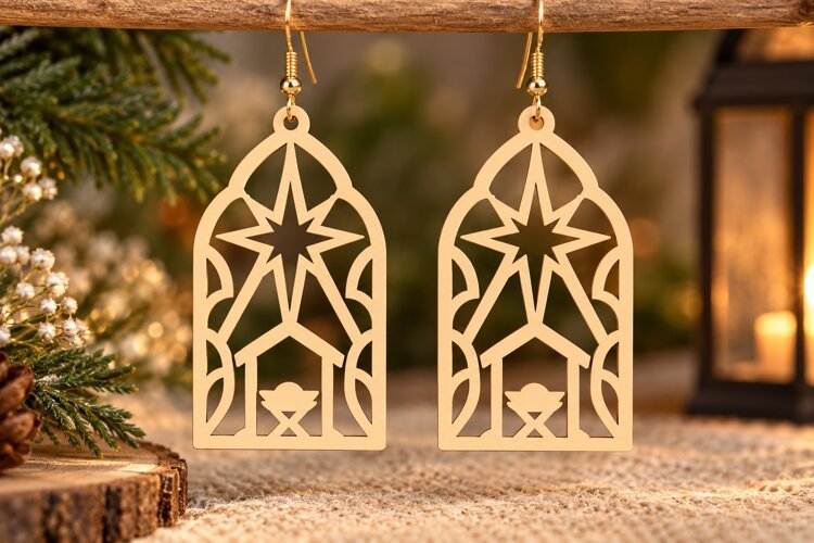 Nativity Lantern Earrings PNG Design, nativity earrings svg, example image 1