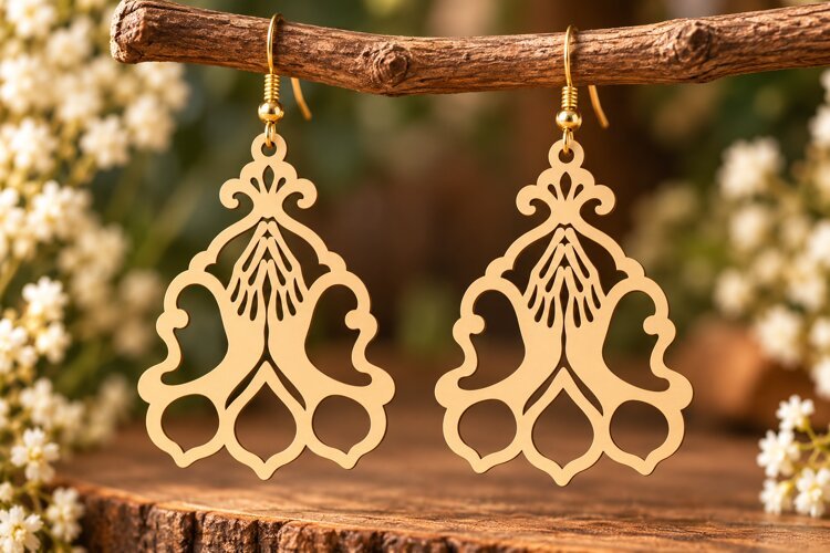 Ornate Floral Teardrop Earrings Laser Cut SVG PNG Design, example image 1