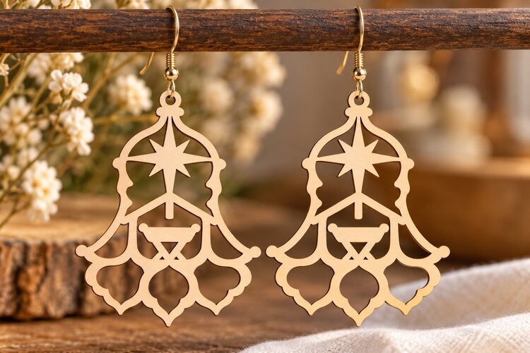 Star Ornate Dangle Earrings Laser Cut SVG PNG Design, Geomet example image 1