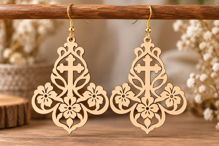 Floral Cross Earrings Laser Cut SVG PNG Design, Christian