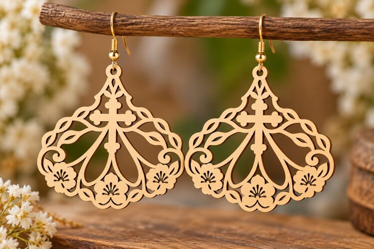 Round Floral Cross Earrings Laser Cut SVG PNG Design, Christ example image 1