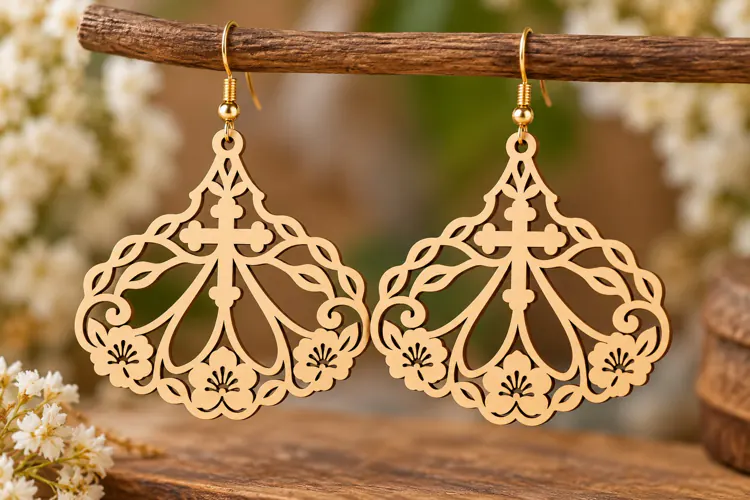 Round Floral Cross Earrings Laser Cut SVG PNG Design, Christ
