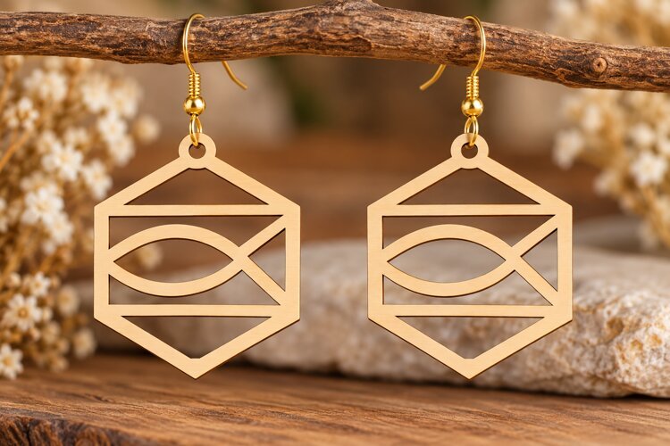 Hexagon Abstract Earrings Laser Cut SVG PNG Design, Geometri example image 1