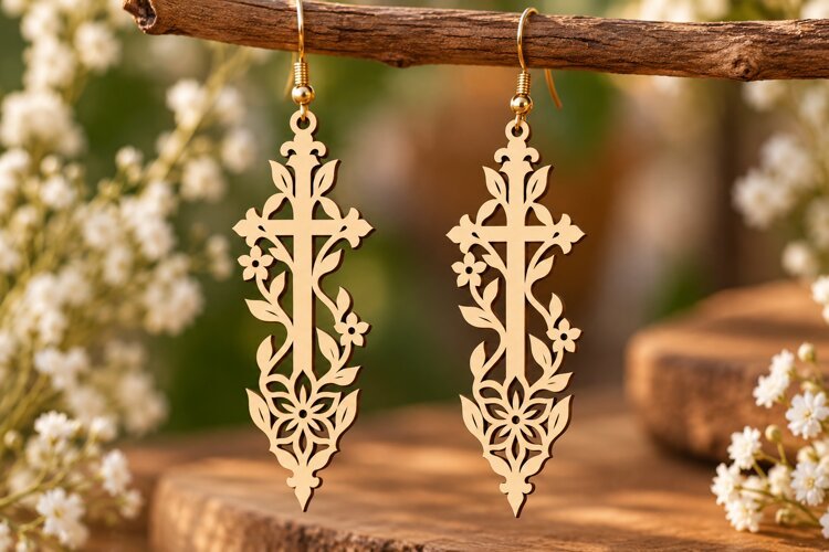 Ornate Cross Dangle Earrings Laser Cut SVG PNG Design, Chris example image 1