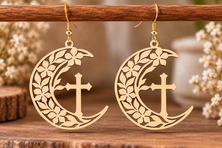 Crescent Floral Cross Earrings Laser Cut SVG PNG Design example image 1