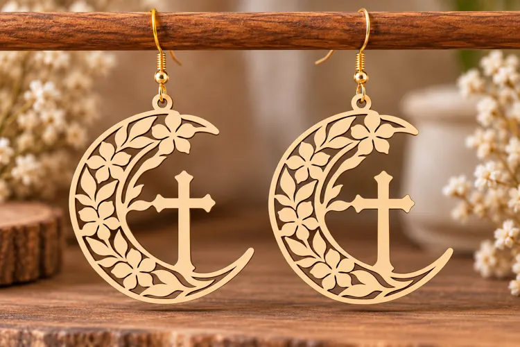 Crescent Floral Cross Earrings Laser Cut SVG PNG Design