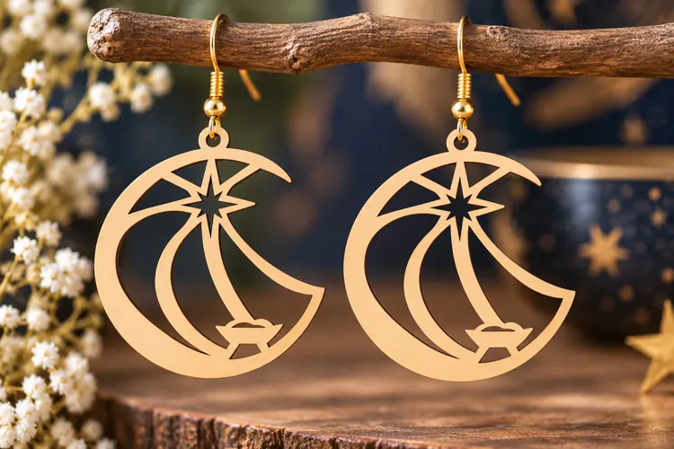 Crescent Moon Star Earrings Laser Cut SVG PNG Design, Celest