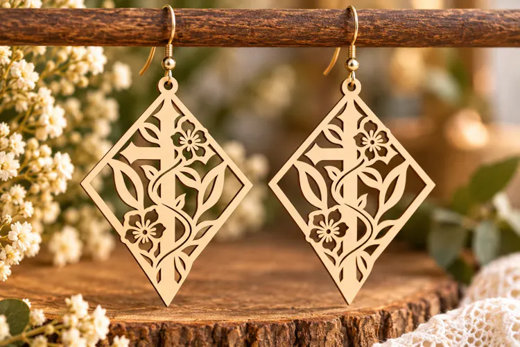 Diamond Floral Leaf Earrings Laser Cut SVG PNG Design, Botan