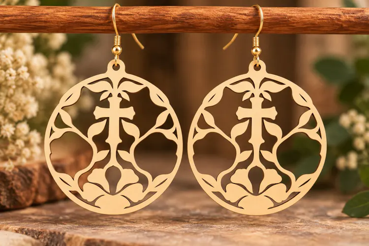 Round Ornate Cross Earrings Laser Cut SVG PNG Design, Christ
