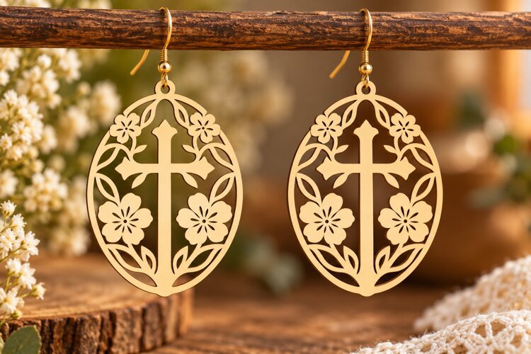 Oval Floral Cross Earrings Laser Cut SVG PNG Design, Christi example image 1