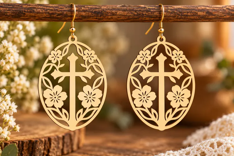 Oval Floral Cross Earrings Laser Cut SVG PNG Design, Christi