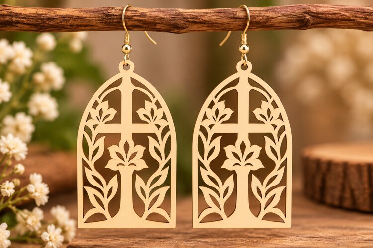 Arched Floral Cross Earrings Laser Cut SVG PNG Design, Chris example image 1