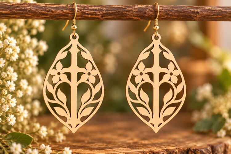 Teardrop Botanical Earrings Laser Cut SVG PNG Design, Floral example image 1