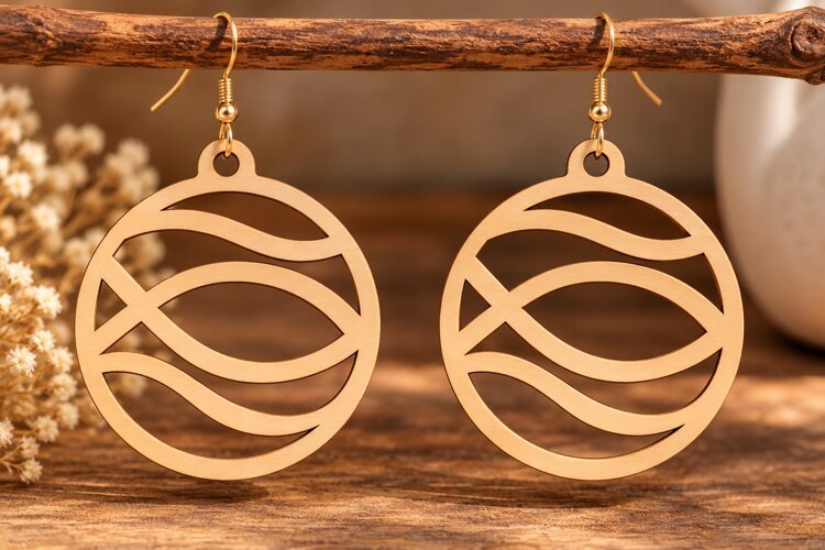 Round Wave Geometric Earrings Laser Cut SVG PNG Design, Mode example image 1