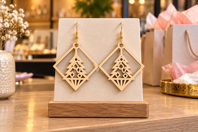 Diamond Xmas Tree Earrings SVG geometric earring svg, diamon example image 1