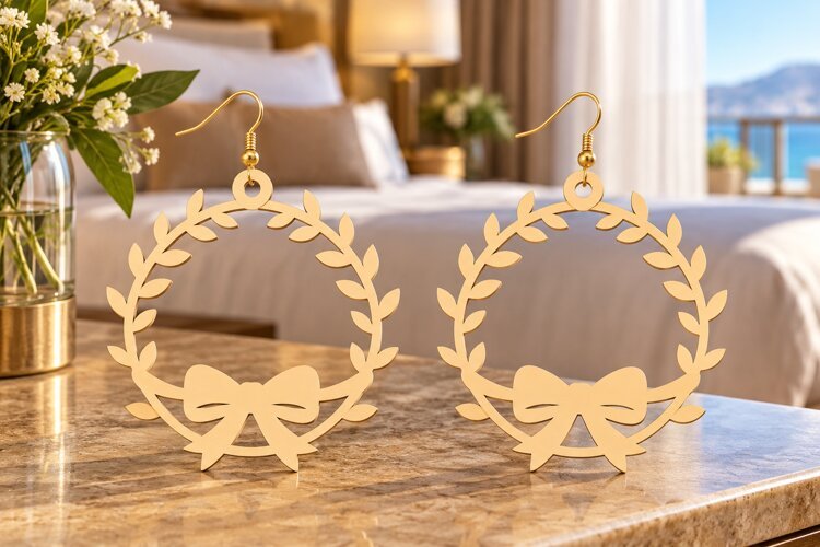 Xmas Wreath Bow Earrings SVG wreath earring svg, christmas example image 1