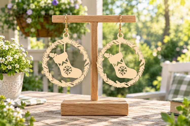 circle stocking svg, round xmas earrings, holiday laser cut example image 1