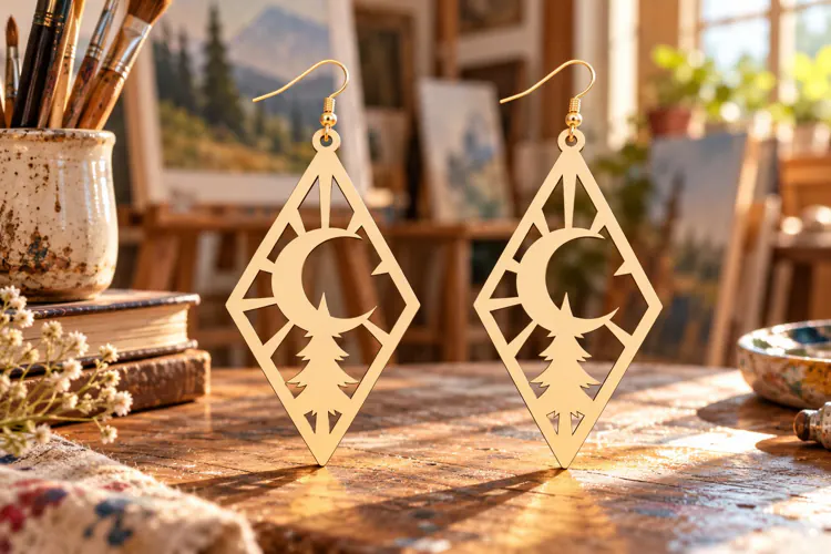 diamond moon svg, crescent moon earring, star dangle laser