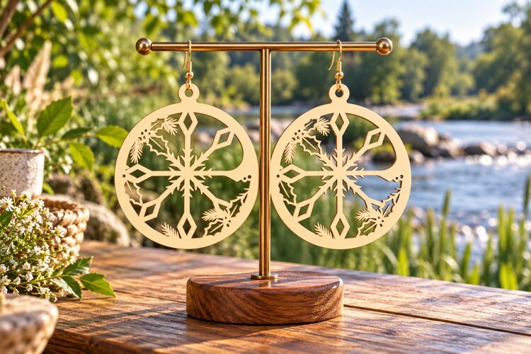 round snowflake svg, circle winter earrings, holiday laser example image 1