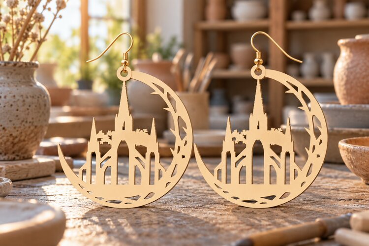 Moon Castle Laser Cut Earring SVG moon castle svg, castle example image 1