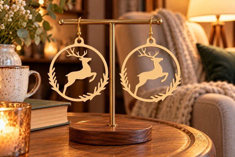 Round Christmas Deer Wreath Earrings SVG Laser Cut File example image 1