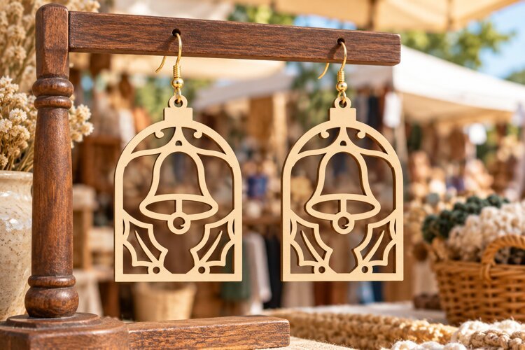 Christmas Arch Bell Earrings SVG Laser Cut File, Holly Leaf example image 1