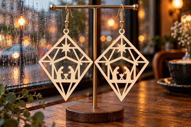 Nativity Scene Diamond Earrings SVG Laser Cut File, Holy example image 1