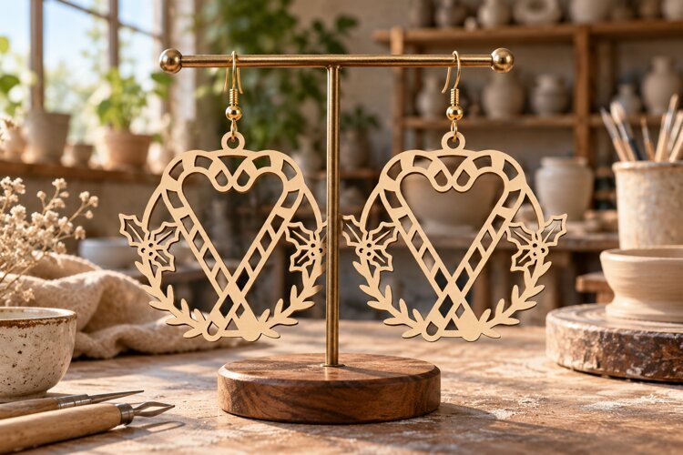 Christmas Holly Wreath Heart Earrings SVG Laser Cut File example image 1