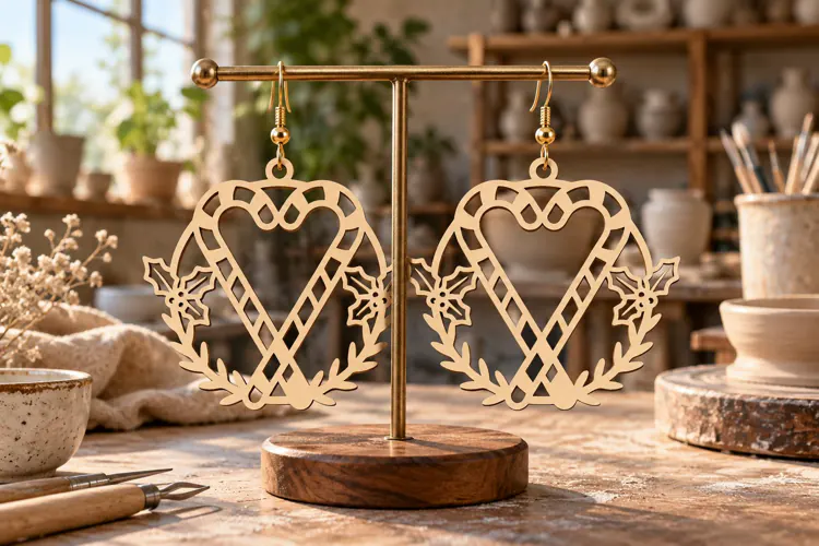 Christmas Holly Wreath Heart Earrings SVG Laser Cut File