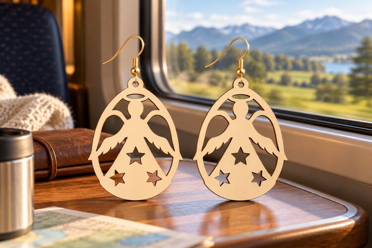 Oval Starry Angel Silhouette Earrings SVG Laser Cut File example image 1