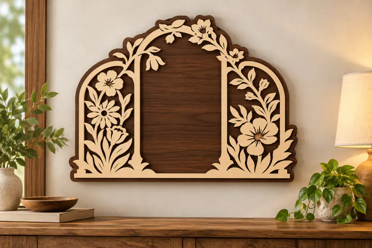 Wide Floral Arch Window Frame Laser Cut SVG, Botanical Wood