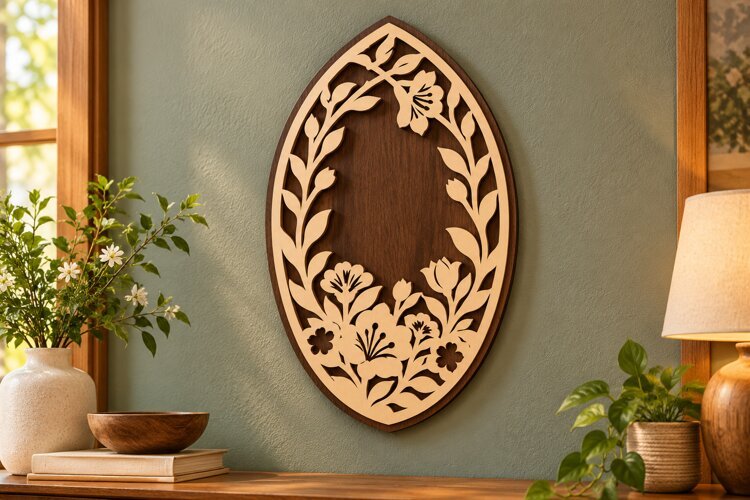 Oval Botanical Floral Frame Laser Cut SVG, Layered Wood Flow example image 1