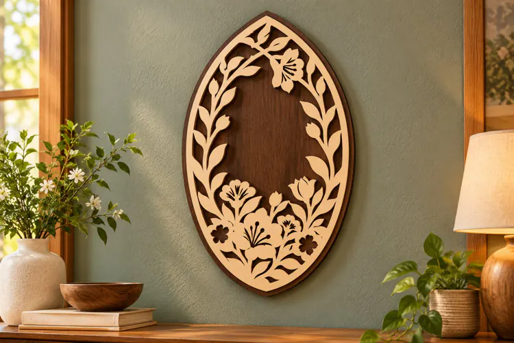 Oval Botanical Floral Frame Laser Cut SVG, Layered Wood Flow