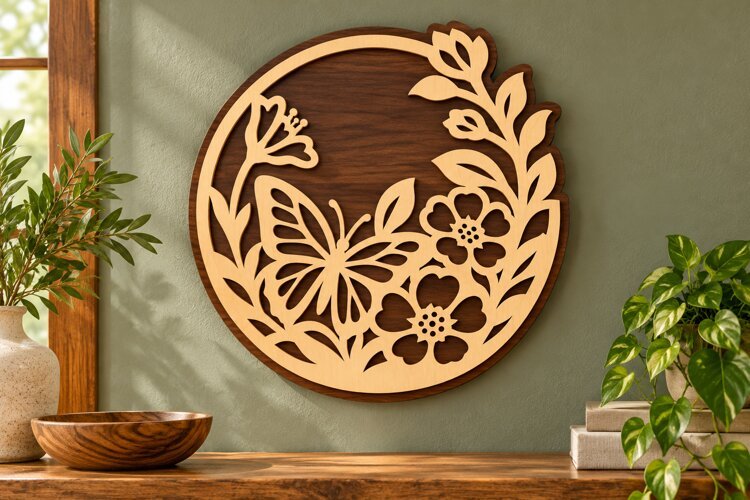 Round Butterfly Floral Wreath Laser Cut SVG, Layered Circul example image 1
