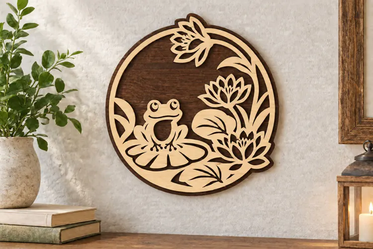 Frog and Water Lily Pond Laser Cut SVG, Round Botanical Natu