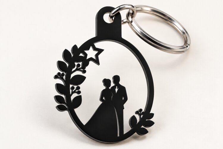 Oval Wedding Bride Groom Silhouette Keychain Laser Cut SVG, example image 1