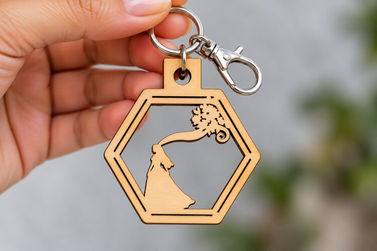 Hexagon Woman Hair Bun Profile Keychain Laser Cut SVG, Geome example image 1