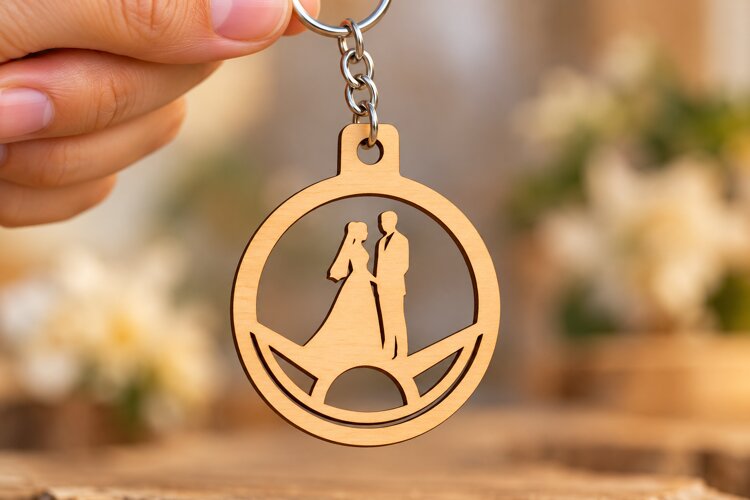 Round Wedding Couple Bridge Keychain Laser Cut SVG, Circular example image 1